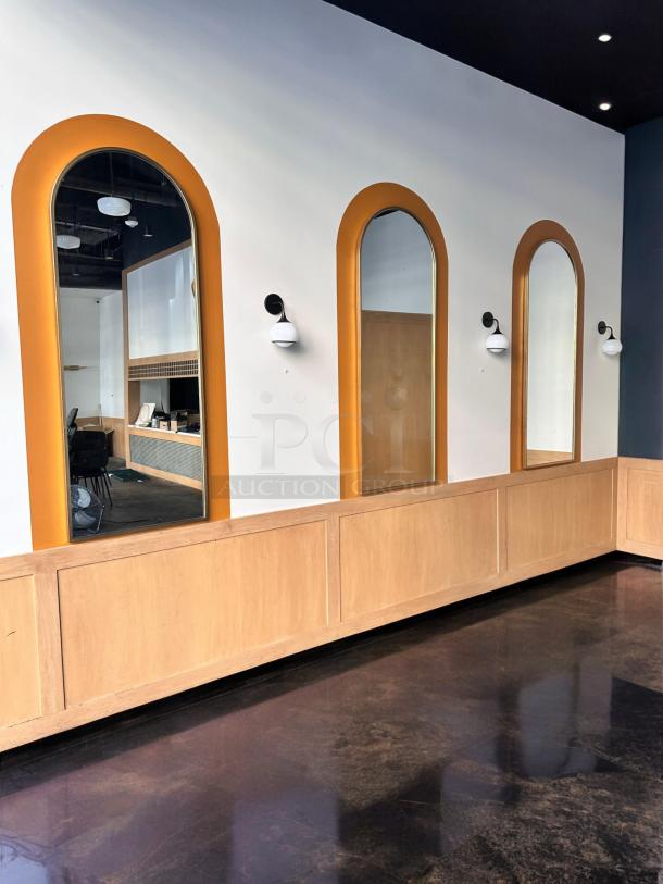 Set of 3 arched wall mirrors with golden frames, excellent condition, decorative and functional, custom commercial model.