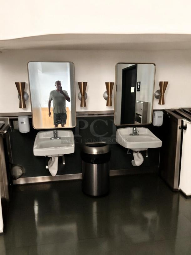 Pair of modern restroom wall mirrors with gold frames, rectangular, commercial grade, excellent condition, ready to install.