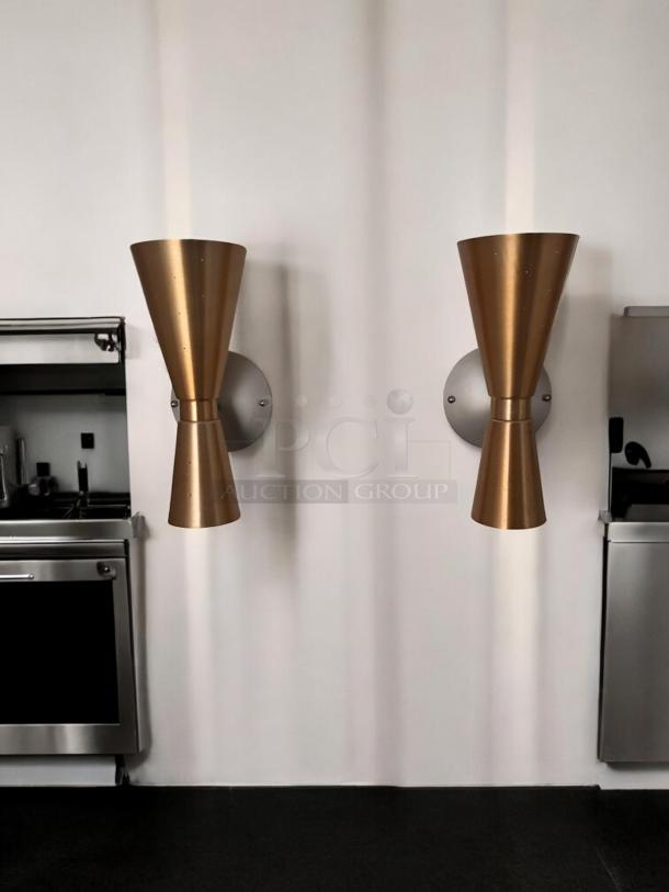 Brand new modern brass wall sconce lights, set of 2, commercial grade, fully tested, ready to install.