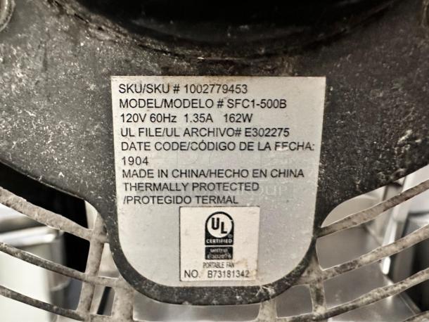 Commercial Electric Portable Floor Fan, Model SFC1-500B, 20", 3-speed, 162W, excellent condition, UL certified.