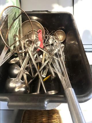 Lot of stainless steel kitchen utensils in great condition; includes whisks, ladles, skimmers. Fully tested. Commercial Foodservice.
