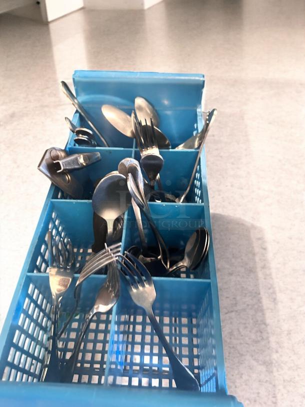 Commercial Foodservice stainless steel flatware lot in blue container, includes forks and spoons, restaurant-grade, great condition.