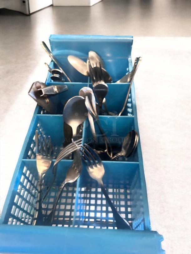 Restaurant-grade bulk lot of stainless steel forks, spoons, and utensils in blue organizer, great condition, fully tested.