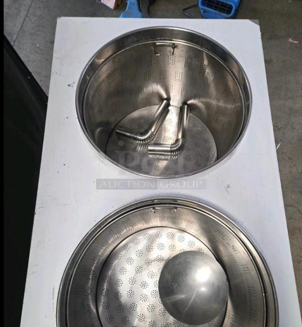 Commercial stainless steel dual noodle boiler, excellent condition, fully tested, perforated metal baskets, unbranded.