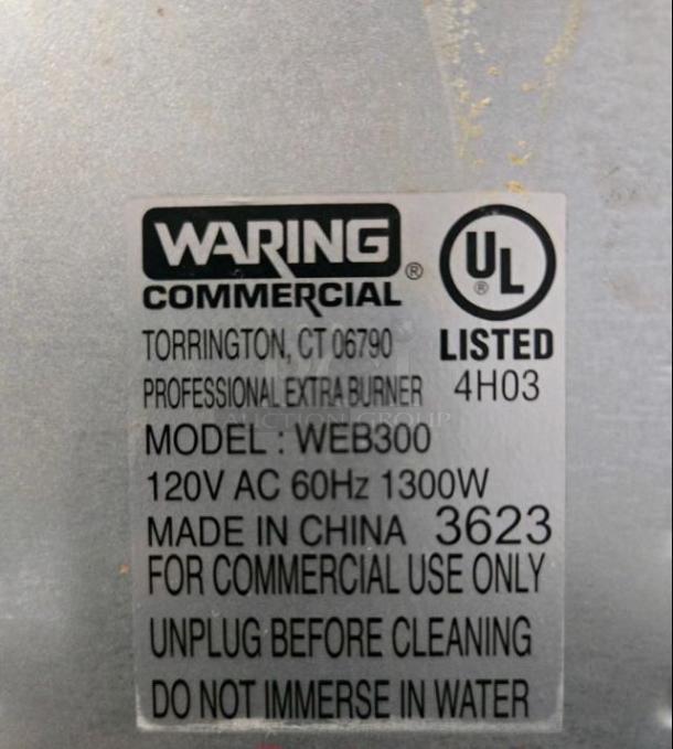 Waring Commercial Single Burner WEB300, excellent condition, UL listed, 120V, 1300W, fully tested and operational.