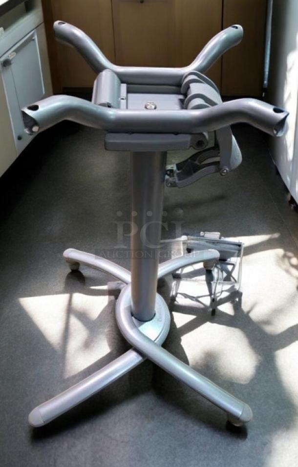 Brand new commercial folding table with collapsible base, set of seven, unbranded, never used, sturdy metal construction.