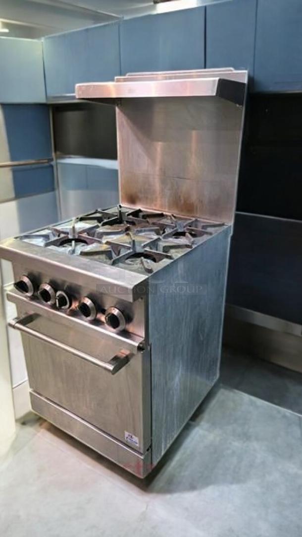 Commercial 4-burner gas range with oven, excellent condition, fully operational, stainless steel, unbranded model.