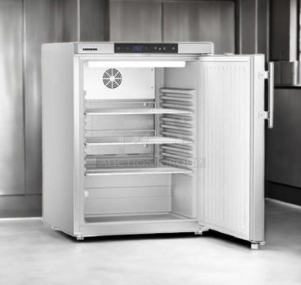 Brand new Liebherr GRB05S1HC bottle cooler/under-counter refrigerator, stainless steel finish, with open door showing shelves.