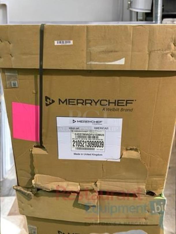 Brand new Merrychef eikon e4 high-speed oven in box, fully tested and operational, labels indicate Model eikon e4, Made in UK.