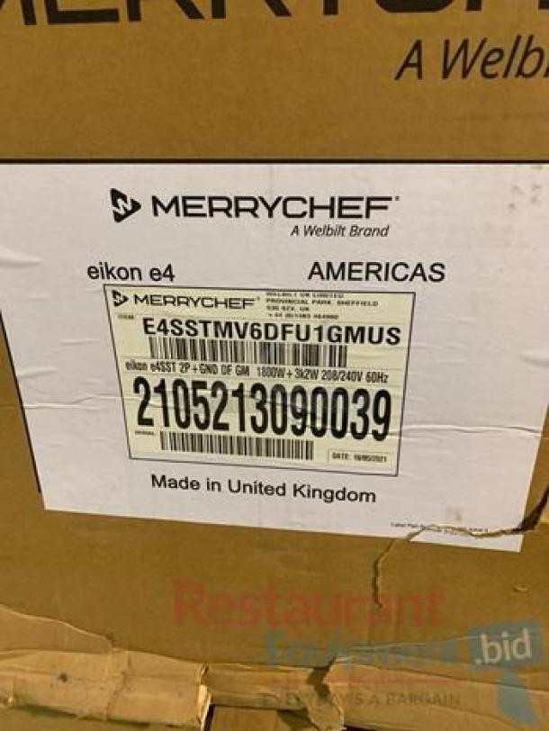 Brand new Merrychef eikon e4 high-speed oven, fully tested, made in UK, labeled for 208/240V, 60Hz, 1800W.