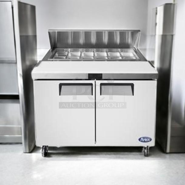 Atosa MSF8302GR sandwich/salad prep table, excellent condition, stainless steel, dual doors, fully tested and operational.