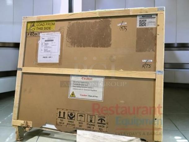 Atosa Sandwich/Salad Prep Table, Model MSF8302GR, excellent condition, fully tested. Shipping crate shown with labels and handling instructions.