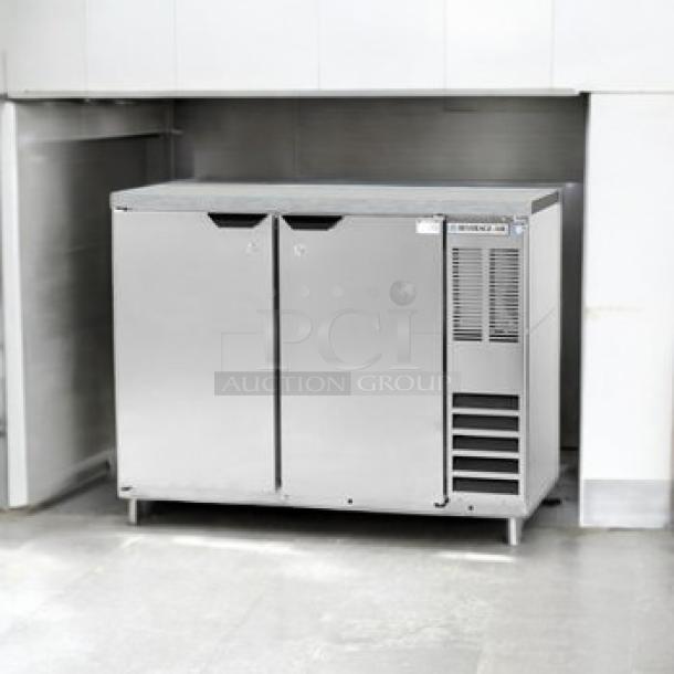 Brand new Beverage-Air BB48HC-1-F-S-27 back bar refrigerator, factory sealed, stainless steel finish, ready for use.