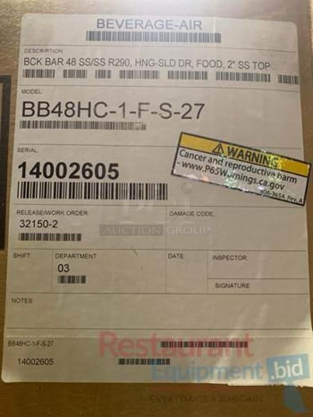 Brand new Beverage-Air Back Bar Refrigerator, Model BB48HC-1-F-S-27, factory sealed. Visible tags show model, serial number 14002605.