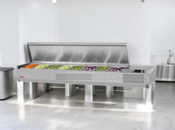 Brand new Atosa CTST-1800-N refrigerated prep rail, factory sealed. Stainless steel exterior, multiple food compartments, ready for use.