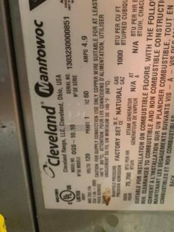 Cleveland Convotherm Gas Combi Oven model 10.10 label showing specs: natural gas, 120V ignition, 4.9 amps.