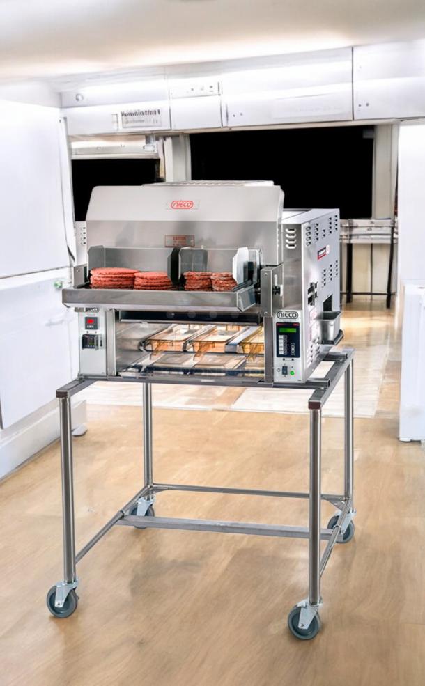 Brand new Nieco JF-62 automatic gas conveyor broiler. Factory sealed, stainless steel finish, ready for use, on wheeled stand.