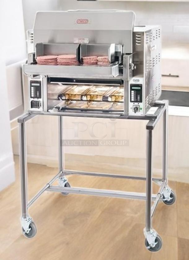 Brand new Nieco JF-62 automatic gas conveyor broiler, stainless steel, factory sealed, ready for use, on wheeled stand.