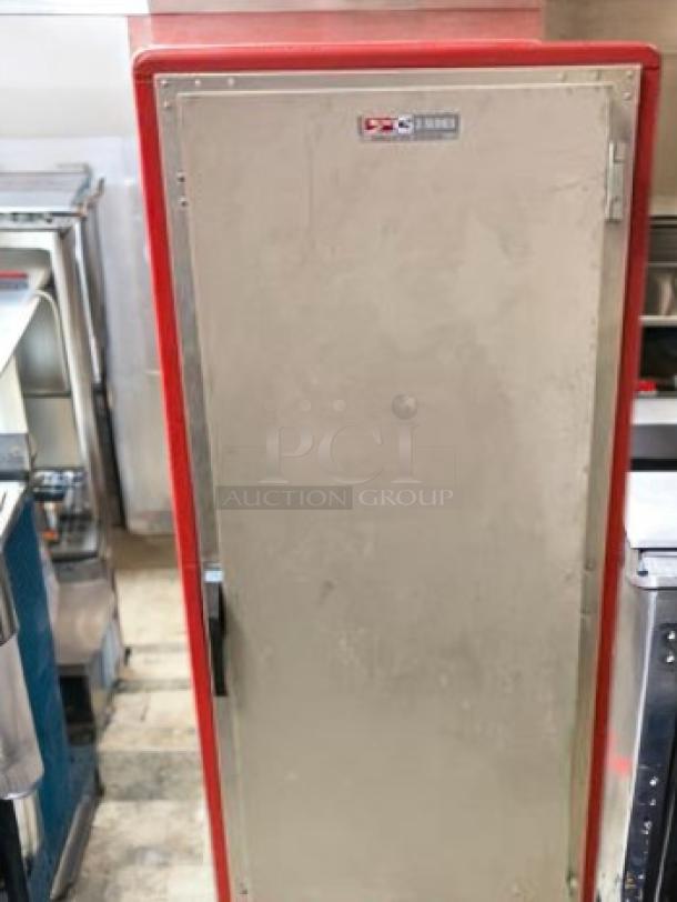 Metro C5 3-Series Heated Holding Cabinet, full-height, excellent condition, red trim, model SN C5HME043425, 120V.