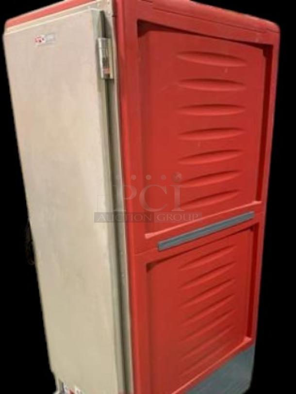 Alt text: Metro C5 3-Series full-height heated holding cabinet, red door, excellent condition, 120V, fully tested and working.