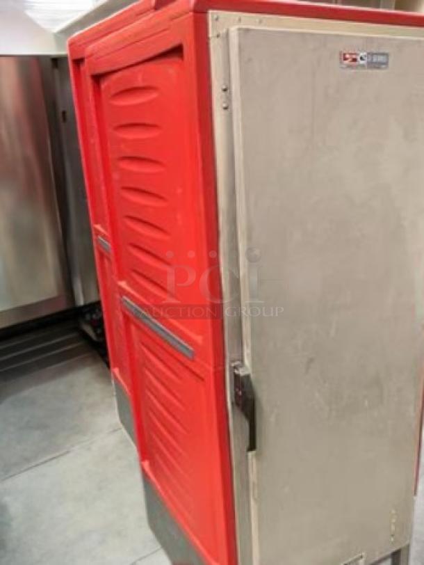 Metro C5 3-Series Heated Holding Cabinet, full height, red and stainless steel, excellent condition, tested, 120V.