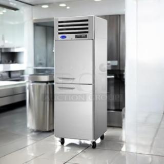 Brand new Randell R1DT-25-1FB reach-in refrigerator/freezer, dual section, top-mount, 115V, factory sealed, stainless steel.