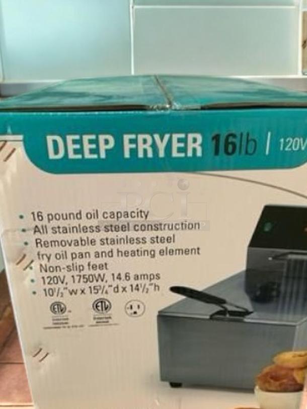 Brand New Global Solutions 16 lb Countertop Electric Deep Fryer in factory-sealed box. Features stainless steel construction.