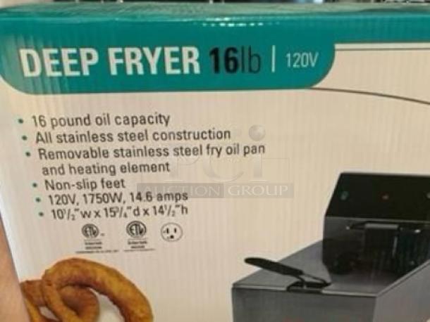 Brand New Global Solutions 16 lb Countertop Electric Deep Fryer in packaging; 120V, stainless steel, factory sealed.