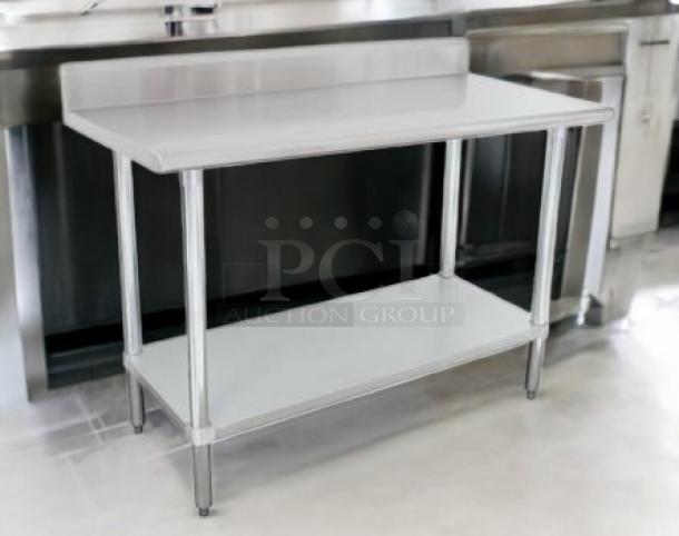 Brand new Advance Tabco LAG-304 stainless steel work table, 30" x 48", with 5" backsplash, factory sealed, ready for use.