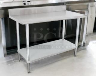 Brand new Advance Tabco LAG-304 stainless steel work table, 30" x 48", with 5" backsplash, factory sealed, ready for use.