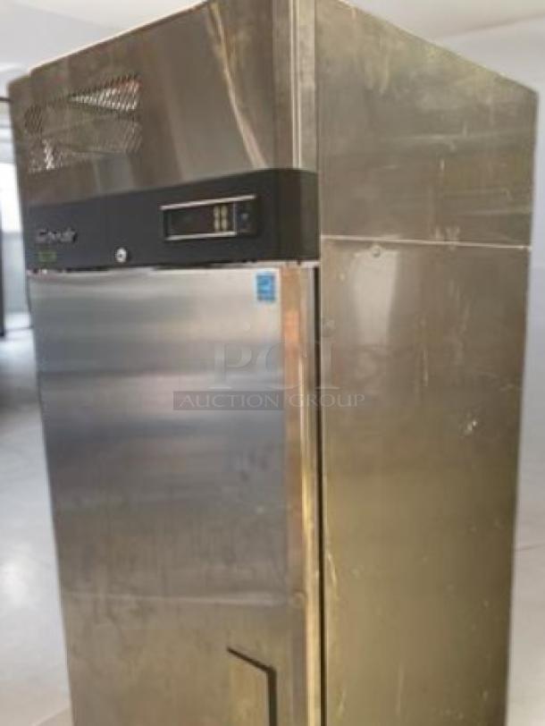 Turbo Air MGF24-1-N single solid door freezer, 24" wide, stainless steel, excellent condition, digital control panel visible.