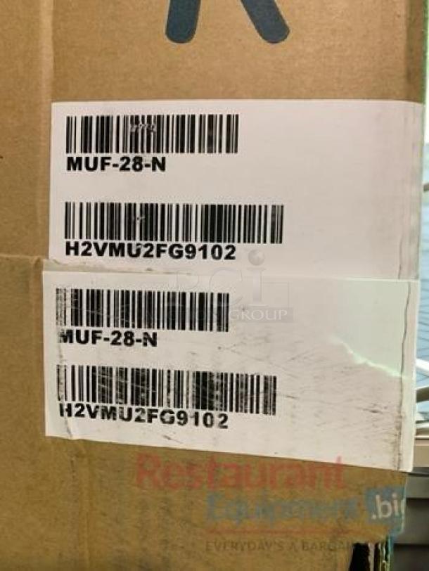 Turbo Air MUF-28-N label with barcodes and model number on cardboard packaging.