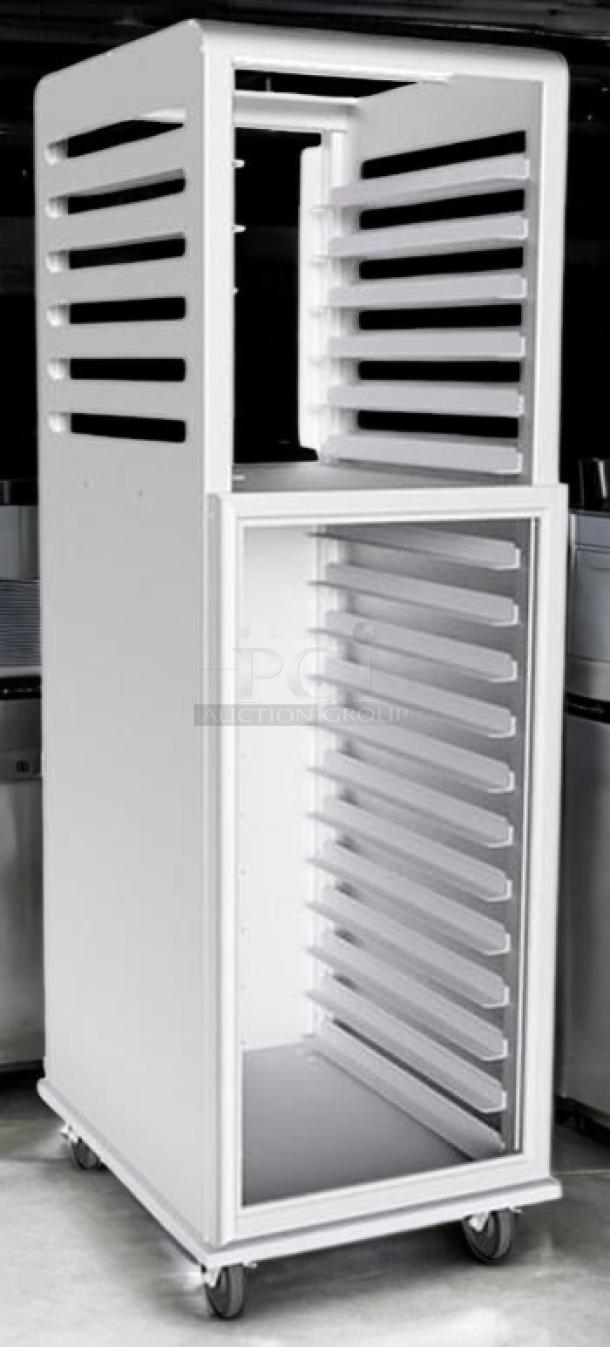 Brand new Lockwood enclosed sheet pan rack, 20-pan capacity, end-loading, mobile, factory sealed, pristine condition.