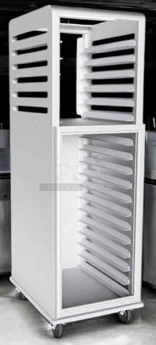 Brand new Lockwood enclosed sheet pan rack, 20-pan capacity, end-loading, mobile, factory sealed, pristine condition.