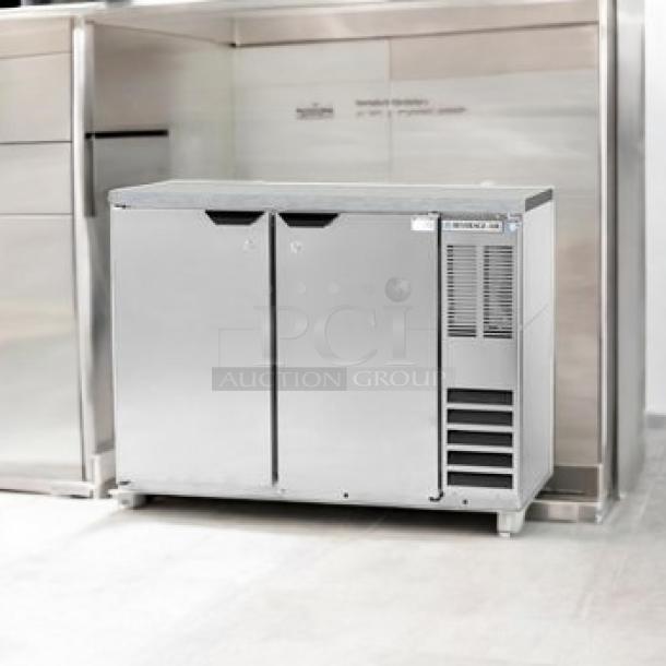 Brand new Beverage-Air BB48HC-1-F-S-27 back bar cooler, 2-door stainless steel, factory sealed; energy-efficient model.