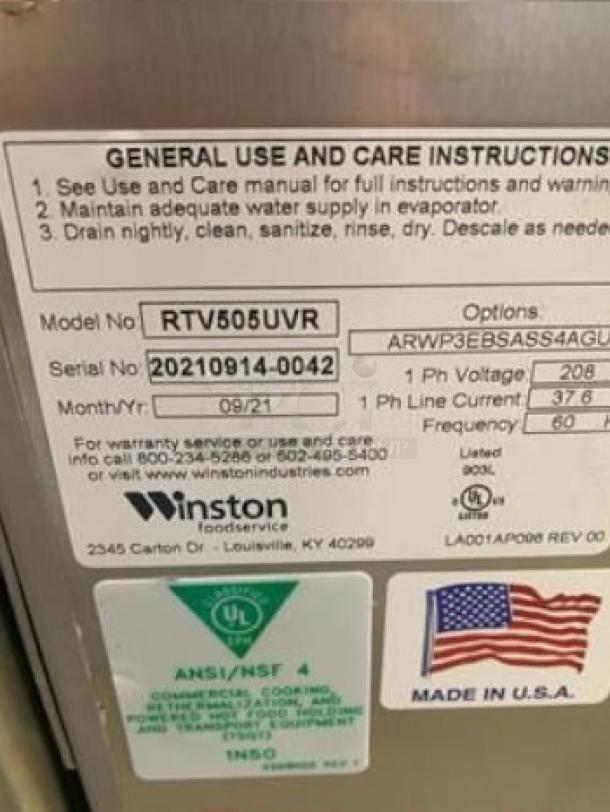 Winston CVap RTV505UVR Holding Cabinet, excellent condition, tested, 208V, model and serial labels visible, made in USA.