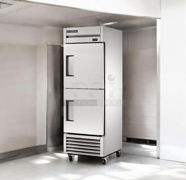 True T-23-2-HC two-door reach-in refrigerator, excellent condition, 23 cu. ft., 115V, fully tested, silver finish.