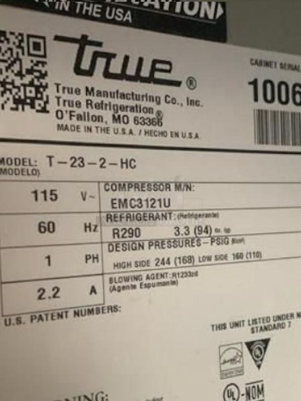 True T-23-2-HC Two-Door Refrigerator, 23 Cu. Ft., 115V, excellent condition, fully tested, True Manufacturing label visible.