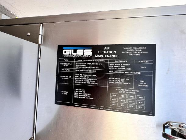 Giles Enterprises FSH-6 Ventless Hood System label detailing air filtration maintenance schedule.