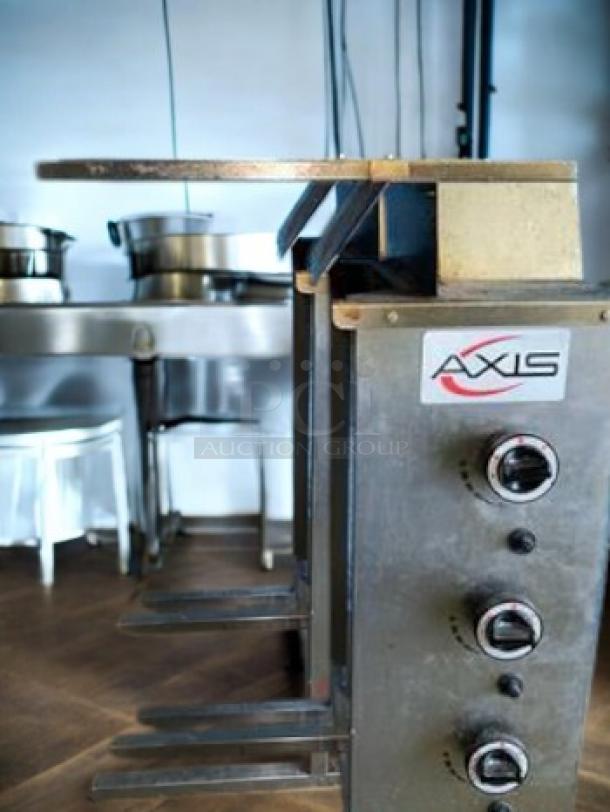 AXIS Gas Doner Grill Machine, Model AX-VB3, in excellent condition, fully operational. Three control knobs visible, AXIS logo.