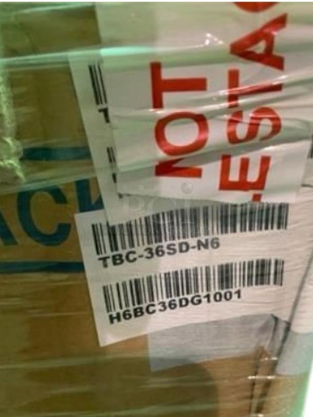 Brand new Turbo Air Bottle Cooler, Model TBC-36SB-N6, 115V. Fully tested, operational. Box shows model barcode and label.