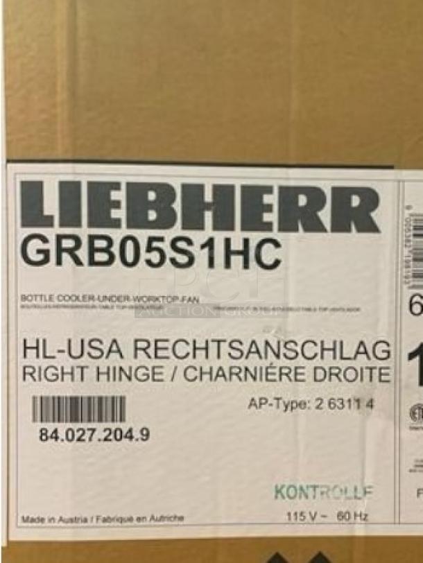 Brand new Liebherr GRB05S1HC bottle cooler, under-counter refrigerator, right hinge, model details on label, 115V, made in Austria.