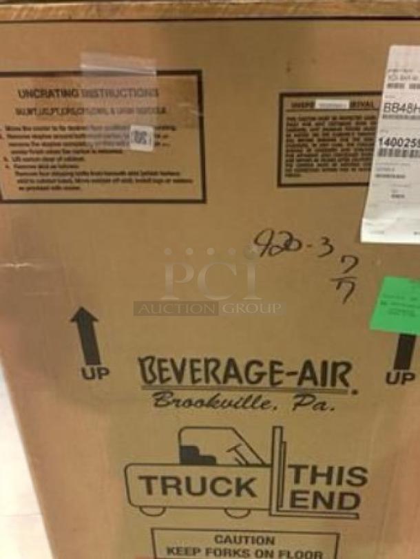 Brand new Beverage-Air BB48HC-1-F-S-27 back bar cooler, factory sealed in box. Two-door stainless steel, with shipment labels.