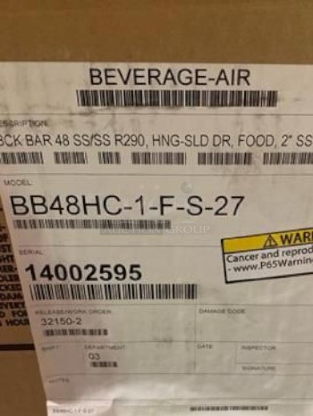 Brand new Beverage-Air BB48HC-1-F-S-27 back bar cooler, stainless steel, factory sealed, 2-door, model and serial labels visible.