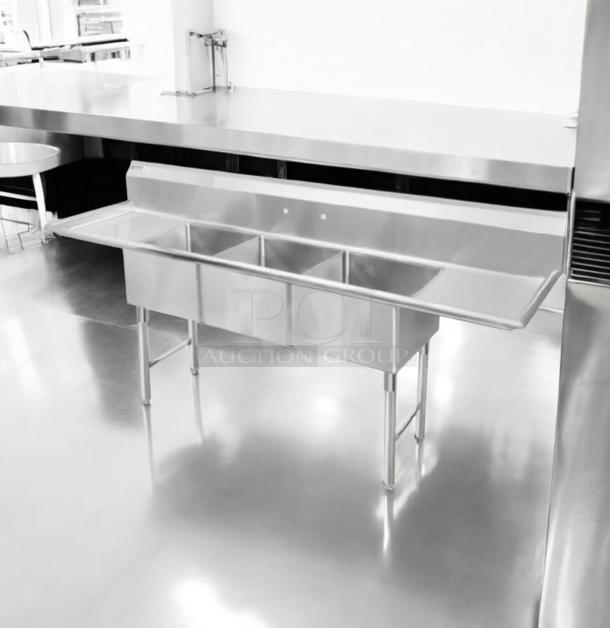 GSW stainless steel 3-compartment sink with dual drainboards, excellent condition, fully tested, commercial model.