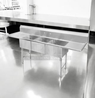 GSW stainless steel 3-compartment sink with dual drainboards, excellent condition, fully tested, commercial model.