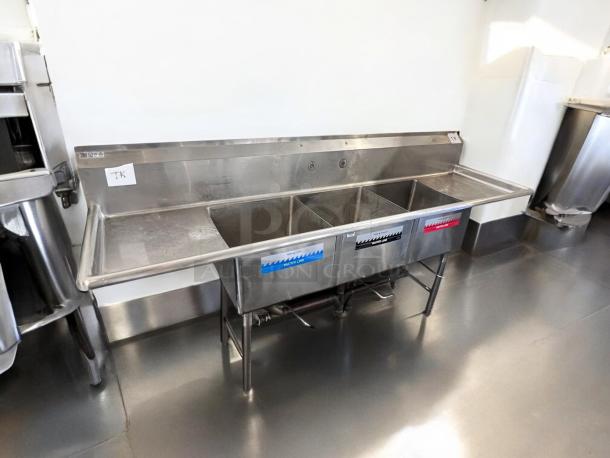 GSW stainless steel 3-compartment sink with dual drainboards, excellent condition, fully tested, commercial model.