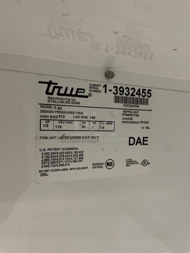 True T-23 Commercial Refrigerator, Single Door, Stainless Steel, with Poly Coated Wired Rack, Serial: 1-3932455, 115V, on Casters.