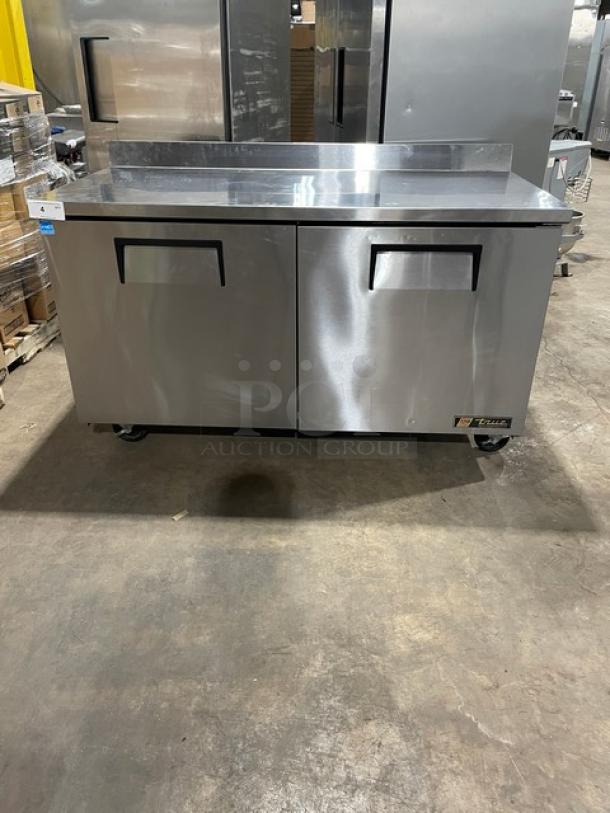 True TWT-60 stainless steel 2-door worktop refrigerator with backsplash, Energy Star certified, on casters, SN: 7619487.