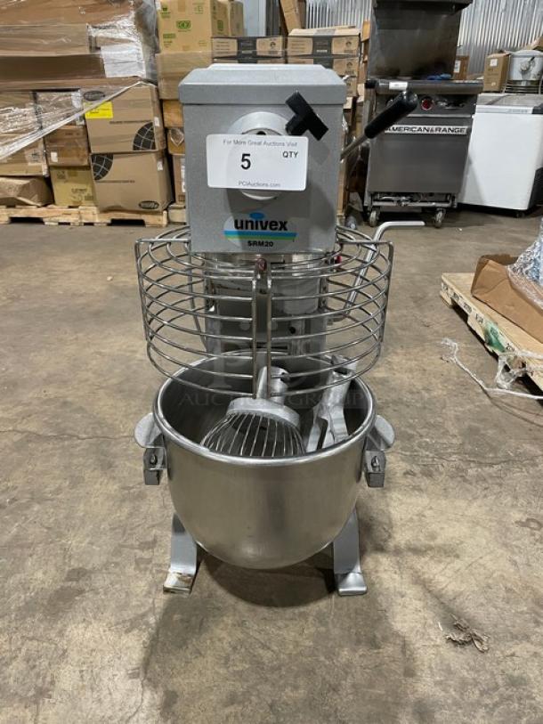 Univex SRM20 20 Qt. Planetary Mixer, electric powered, stainless steel bowl guard, mixing bowl, flat beater, wire whisk, on legs.